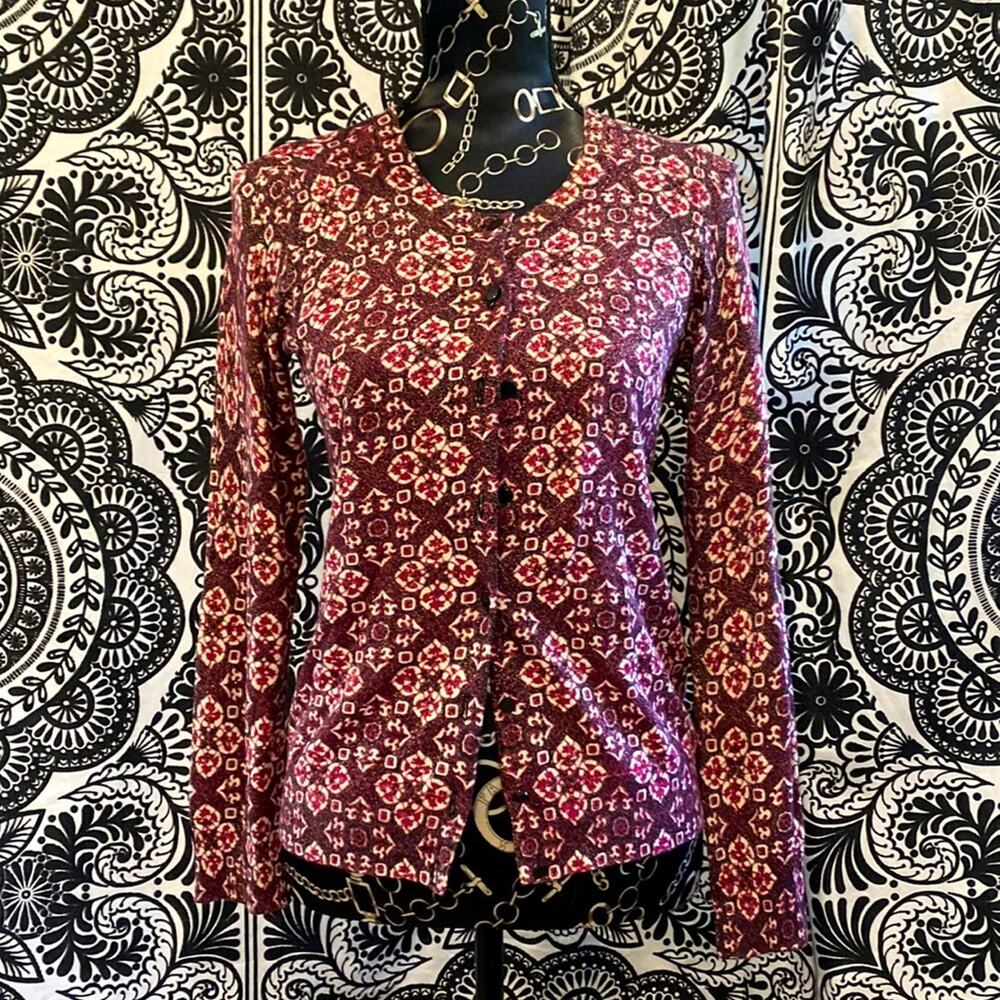 Talbots S Cranberry & Silver Print Lightweight Cotton Blend SPARKLY Cardigan